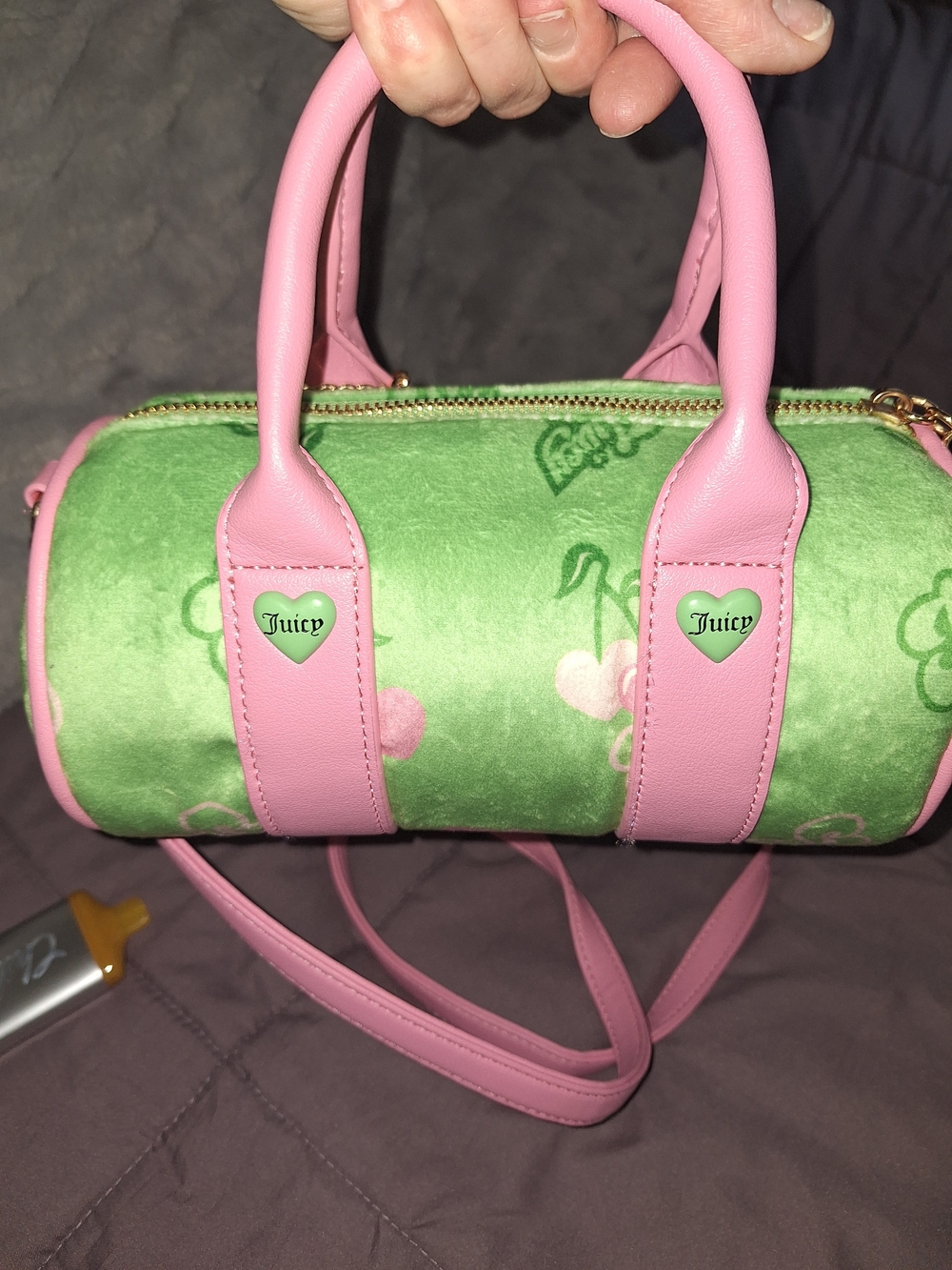 EXCLUSIVE Juicy Couture Green Velvet Mini Barrel Bag with Pink Trim - Picture 3 of 6